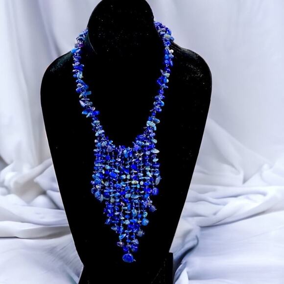 Handmade Jewelry - Stunning Hand Beaded Blue Lapis 13” Tassel Style Necklace